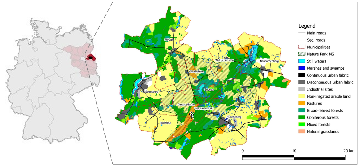 Location of the M&auml;rkische Schweiz (left) with the Federal State Brandenburg (light red) and the County M&auml;rkisch Oderland (red), and land cover (right).