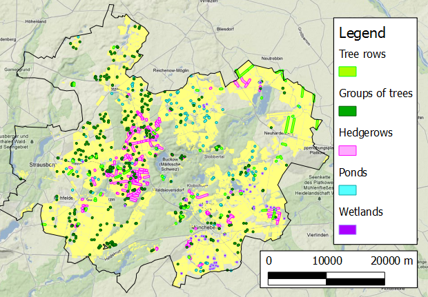 Spatial distribution of linear and point elements in the agricultural area of the M&auml;rkische Schweiz.
