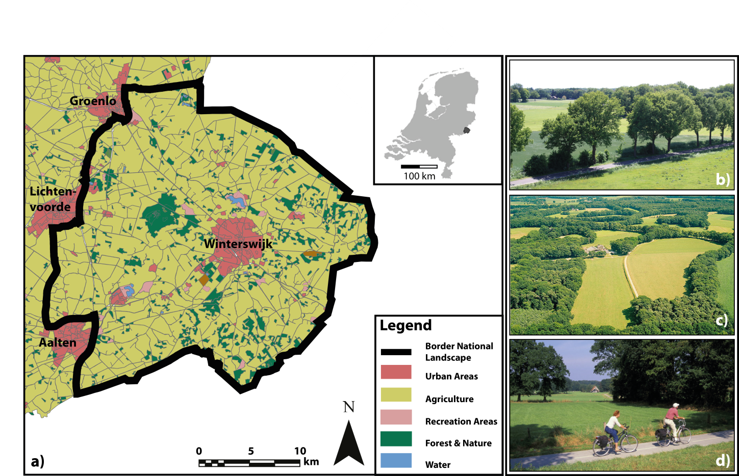 a land use map a) and a number of photo&rsquo;s (b, c and d) that are representative for the agricultural landscape in the case study area.
