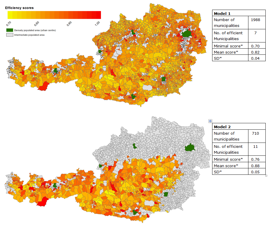 Spatial distribution of efficiency scores; example model region 1 & 2.