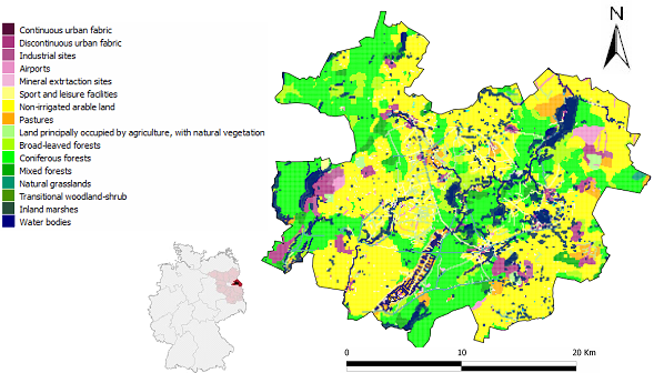 Corine Land Cover (EEA 2007, 100 m grid) and landscape elements in the CSA M&auml;rkische Schweiz.
