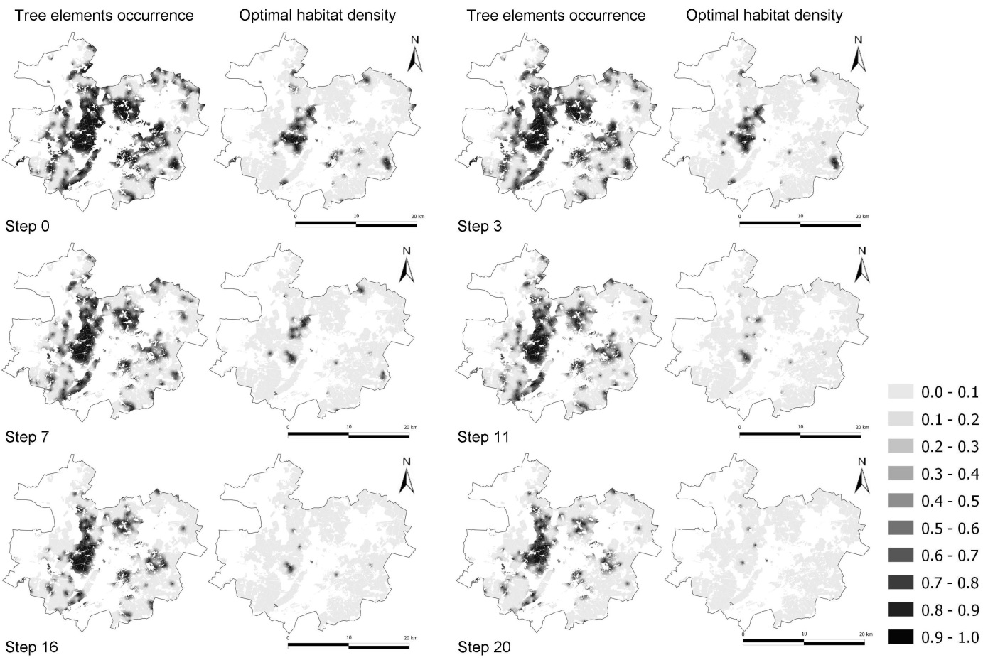 Landscape services probability maps at six selected steps of elements removal: E-type estimates (N = 1,000); left: average probability of occurrence of tree elements; right: average probability of occurrence of optimal habitat density for the red-backed shrike (Lanius collurio).
