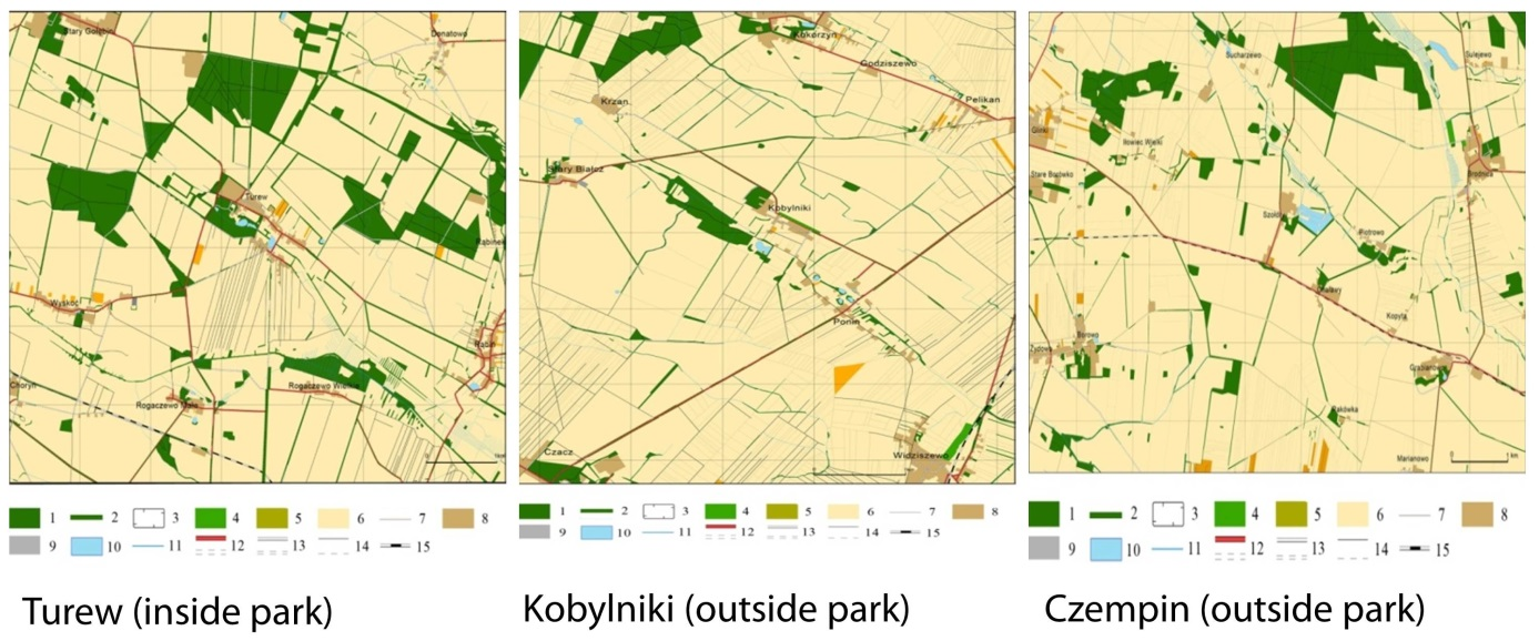 Figure 3: Landscape structure and elements in Chlapowski Landscape Park and adjacent regions (Source: own study. P. Wolski).